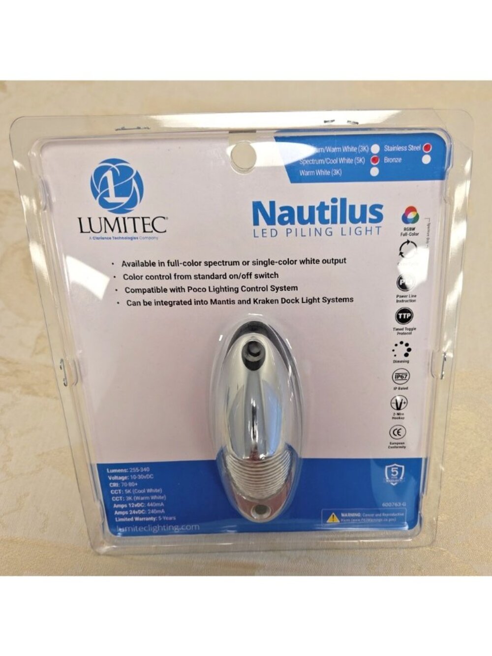 Lumitec Nautilus Spectrum RGBW LED Piling Light Cool White 10-30V DC Stainless